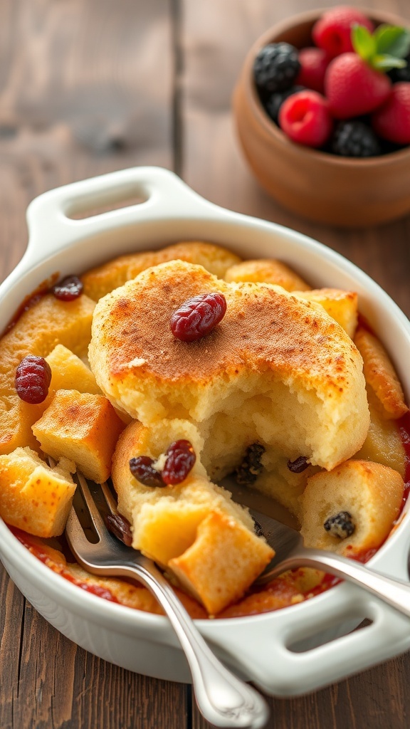 Weight Watchers 2 Point Bread Pudding Recipe A warm bread pudding served in a white dish, garnished with cinnamon and raisins, on a rustic table with berries.